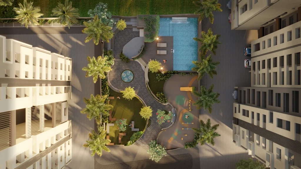 Open green space and walking track inside One Earth township on Rankala lakefront, Kolhapur